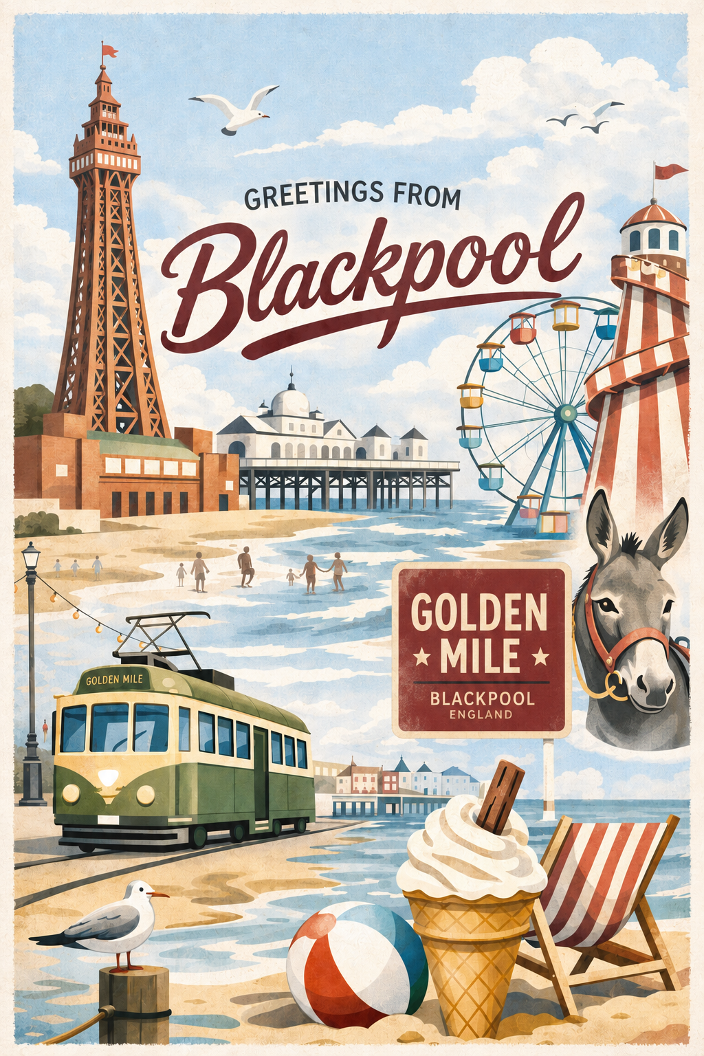Vintage-style illustrated postcard: Blackpool Tower, pier, Ferris wheel, Golden Mile tram, deckchair, ice cream, and beach.