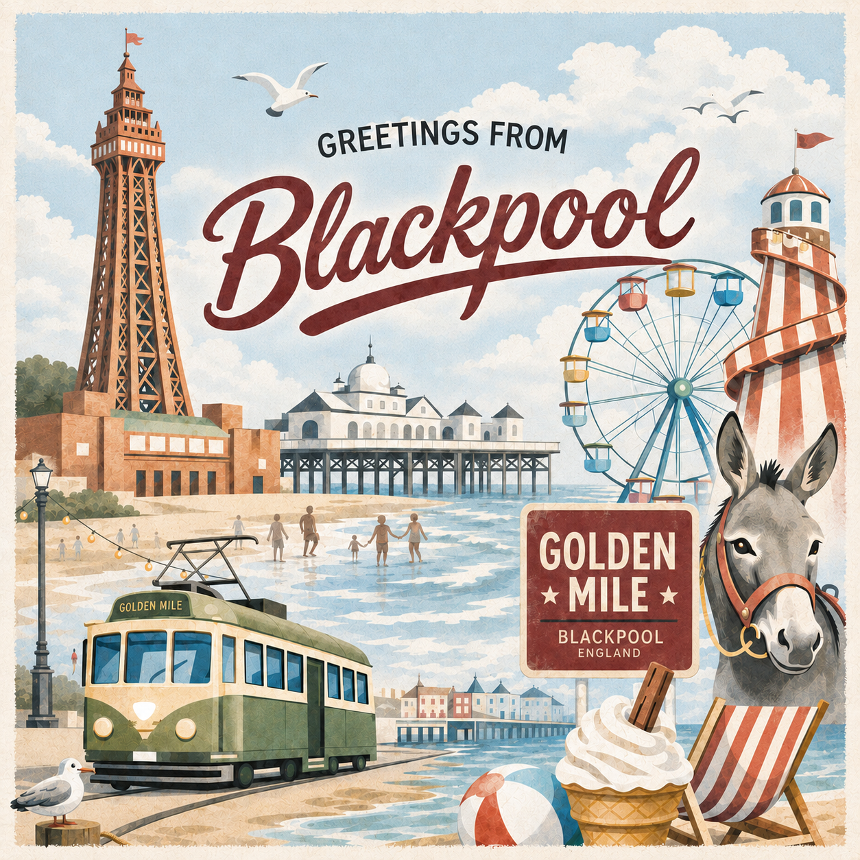 Vintage-style illustrated postcard: Blackpool Tower, pier, Ferris wheel, Golden Mile tram, deckchair, ice cream, and beach.