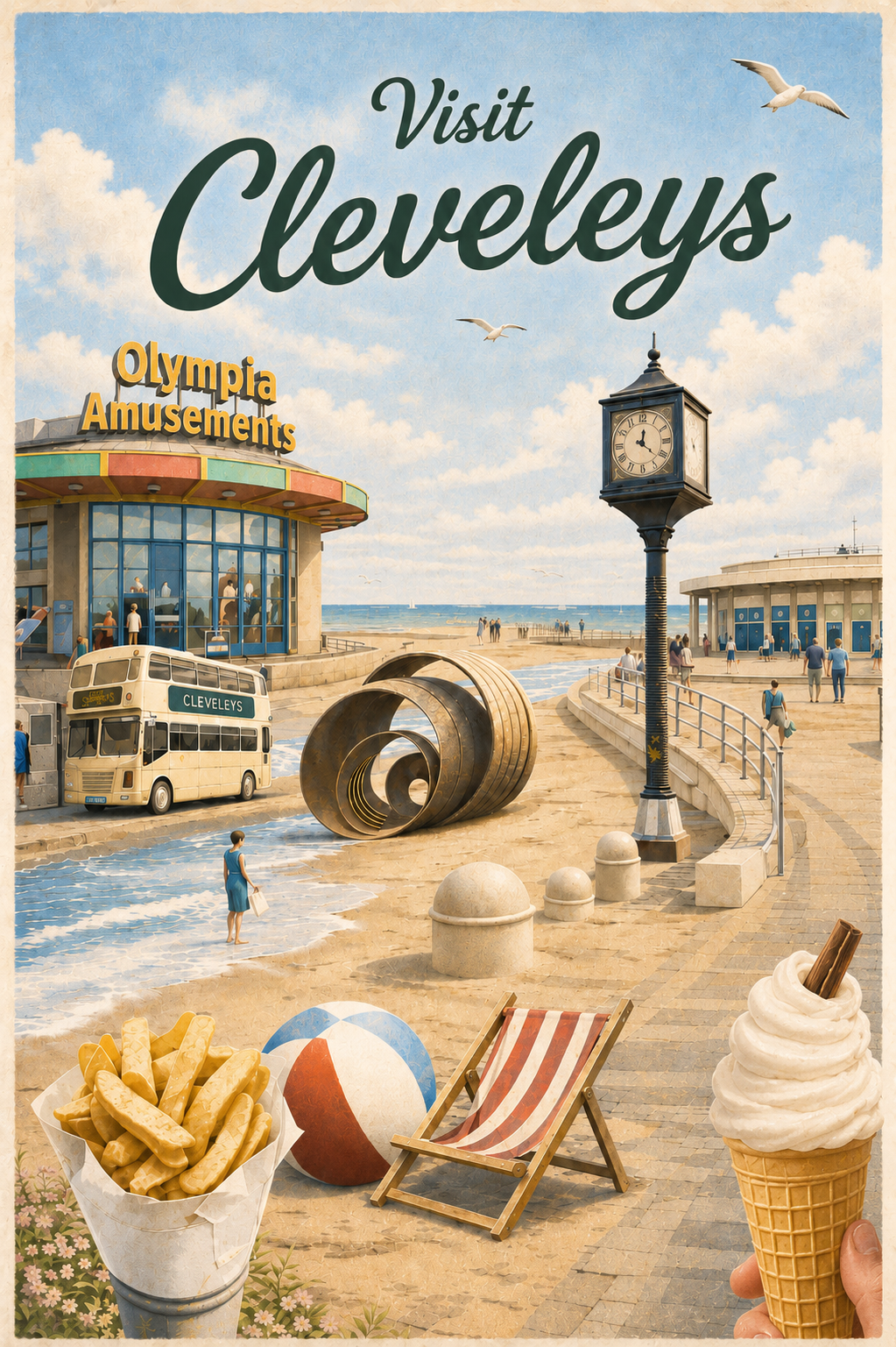 Vintage-style postcard: Cleveleys seafront with Mary's Shell sculpture, amusements, double-decker bus, chips, and ice cream.