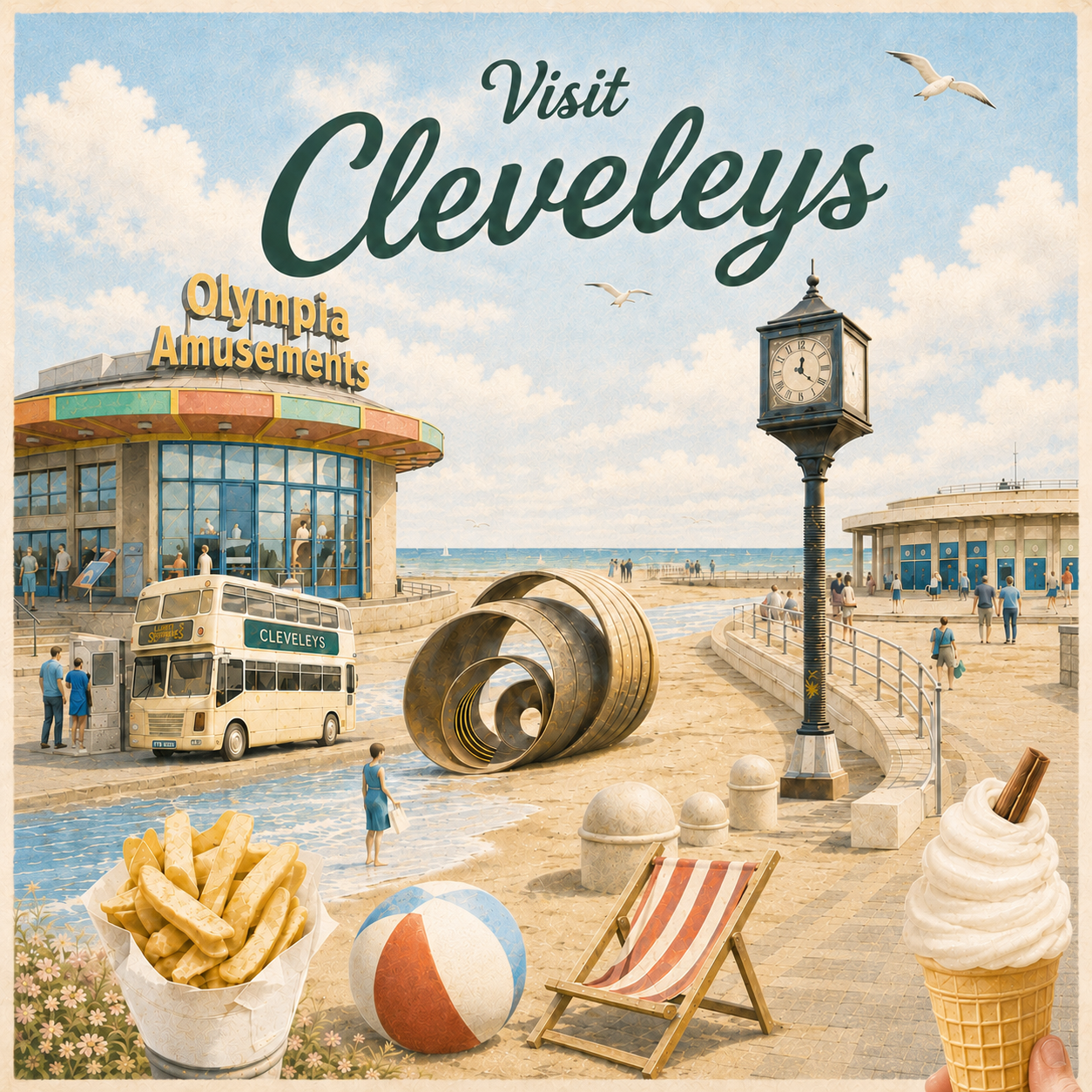 Vintage-style postcard: Cleveleys seafront with Mary's Shell sculpture, amusements, double-decker bus, chips, and ice cream.