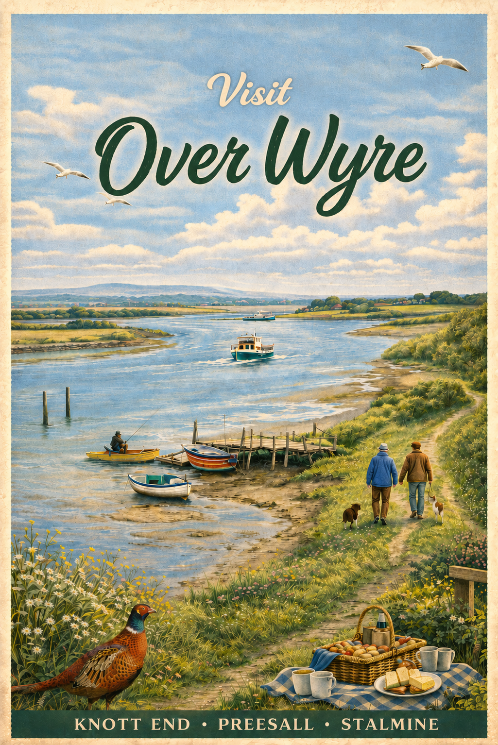 Vintage-style postcard: River Wyre with boats, picnic blanket, pheasant in wildflowers, and Knott End, Preesall, Stalmine lettering.