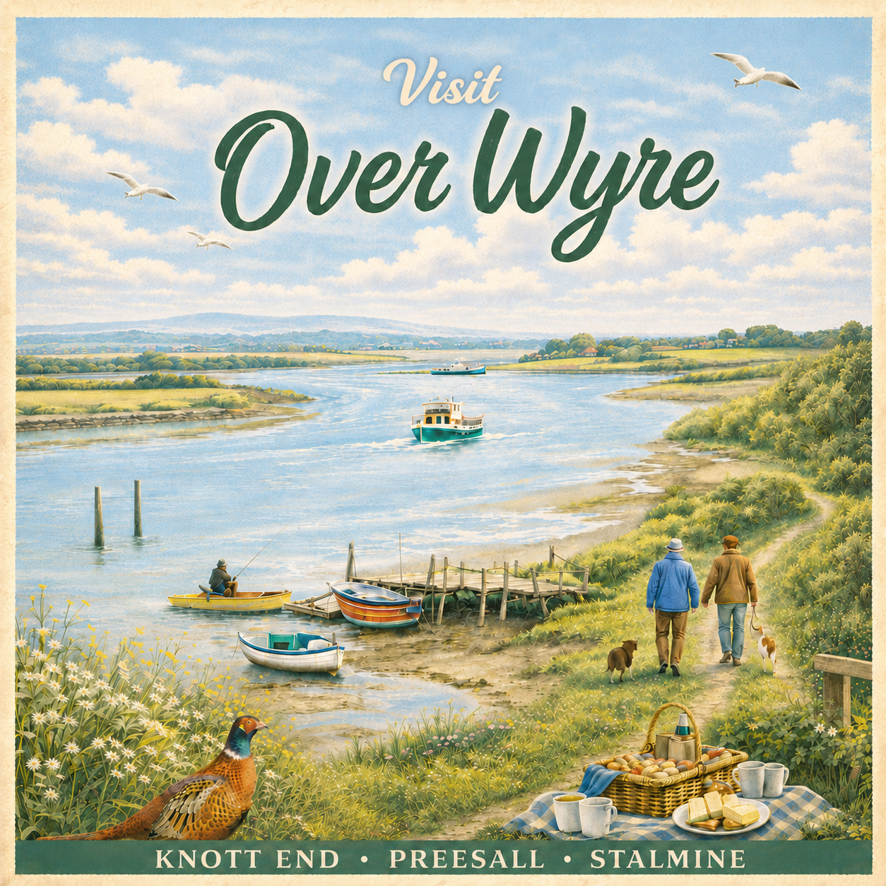 Vintage-style postcard: River Wyre with boats, picnic blanket, pheasant in wildflowers, and Knott End, Preesall, Stalmine lettering.